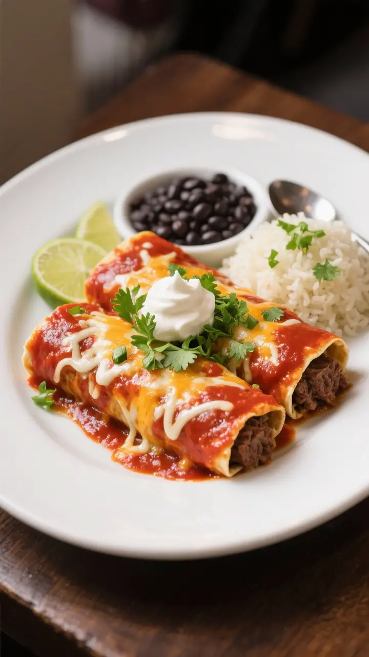Final dish presentation: Restaurant-quality plating of two beef enchiladas nestled side by side on a