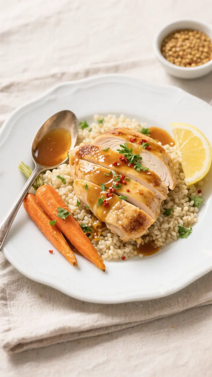 Final dish presentation: Restaurant-quality plating of sliced honey mustard chicken arranged over fl