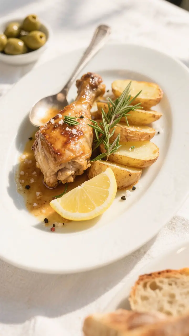 Final dish presentation: Restaurant-quality plating of Greek lemon chicken with potatoes on a wide w