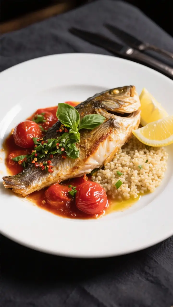 Final dish presentation: Restaurant-quality plating of baked snapper with cherry tomato sauce spoone