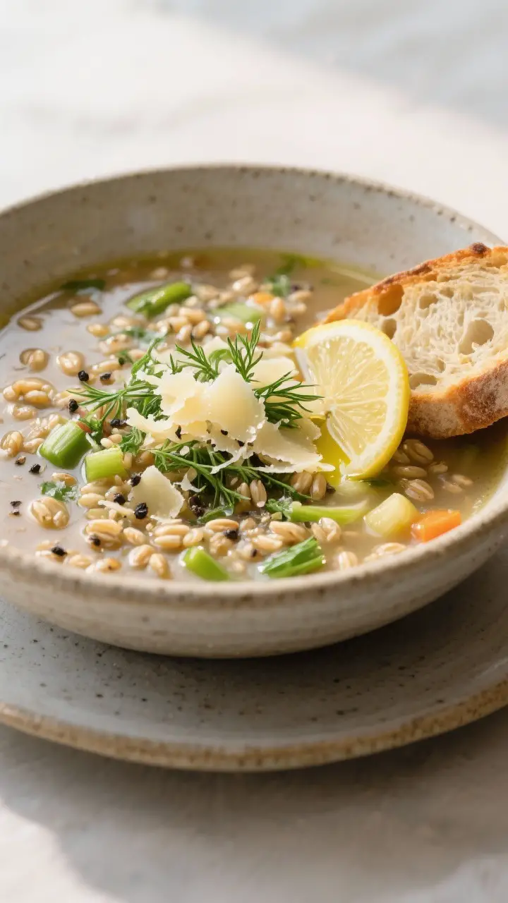 Final dish presentation: Restaurant-quality plating of Spring Vegetable Barley Soup in a stoneware b