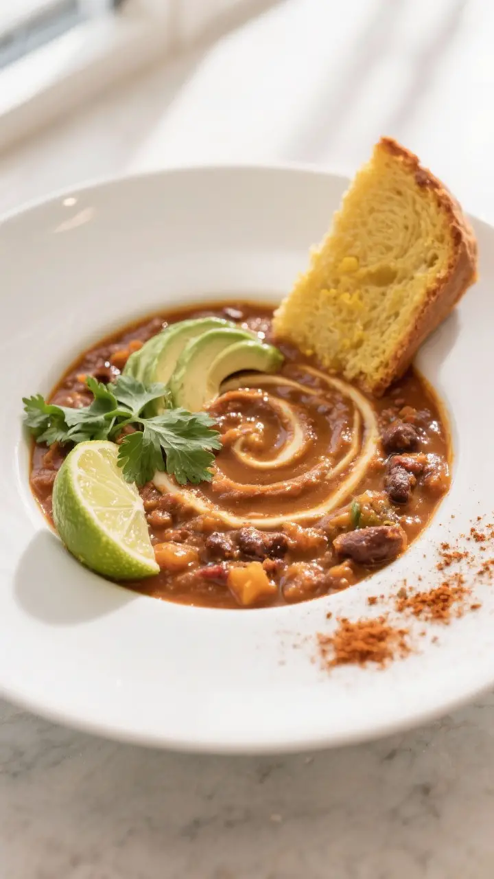 Final dish presentation: Restaurant-quality plating of pumpkin chili in a wide, shallow white bowl, 