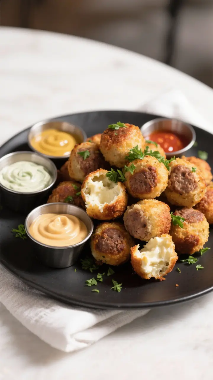 Final dish presentation: Restaurant-quality platter of baked sausage cream cheese balls piled high o