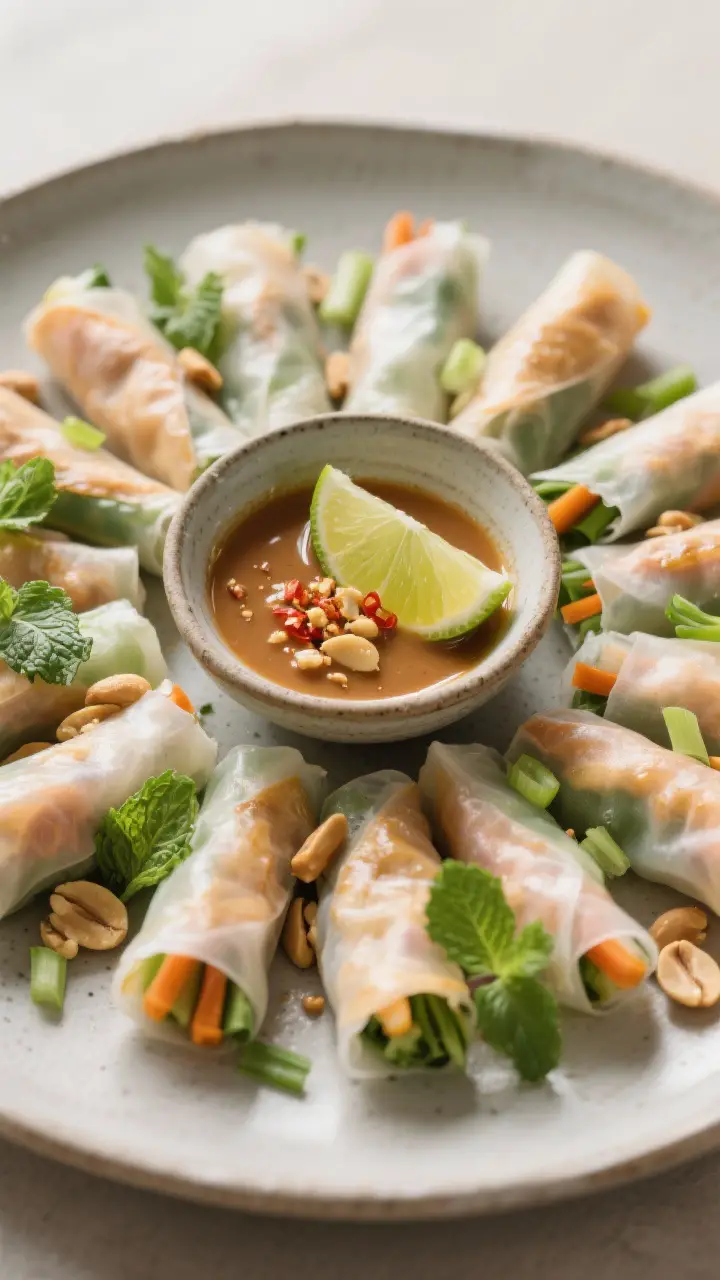 Final dish presentation: Restaurant-quality platter of finished vegetable spring rolls arranged seam