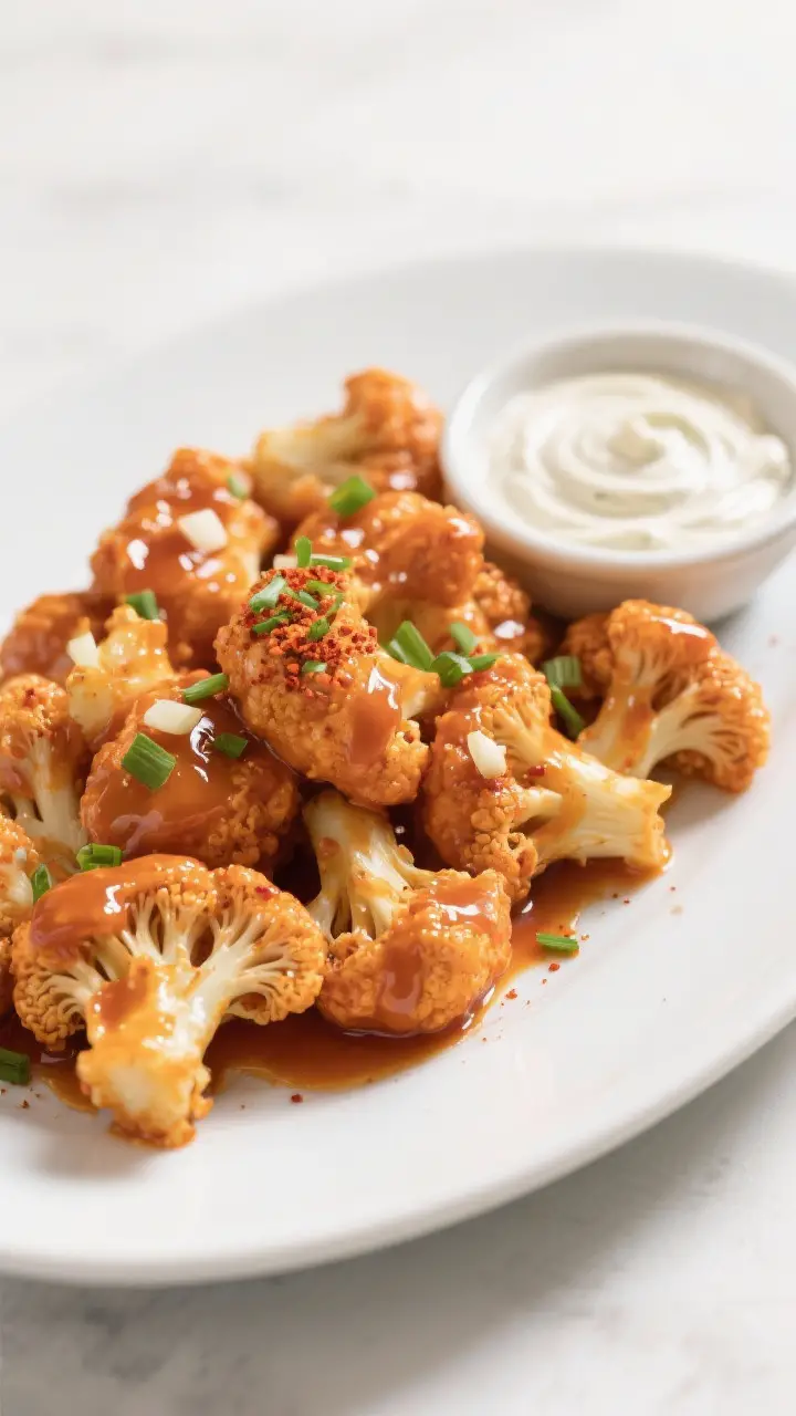 Final dish presentation: Restaurant-quality platter of Buffalo cauliflower bites lacquered in a smoo