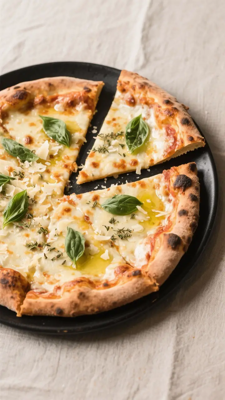 Final dish presentation: Restaurant-quality top-down hero shot of a 14–16 inch New York style pizz