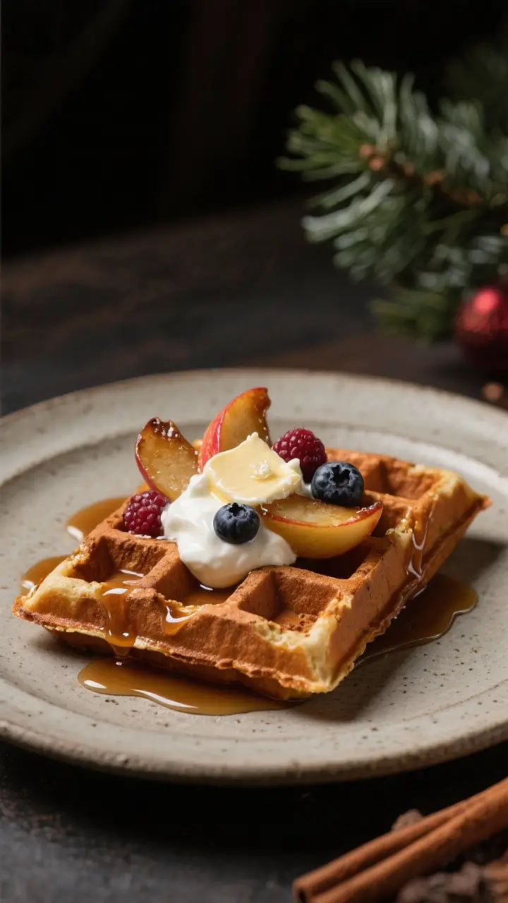 Final dish presentation: Single Belgian-style gingerbread waffle served café-style on a stoneware p
