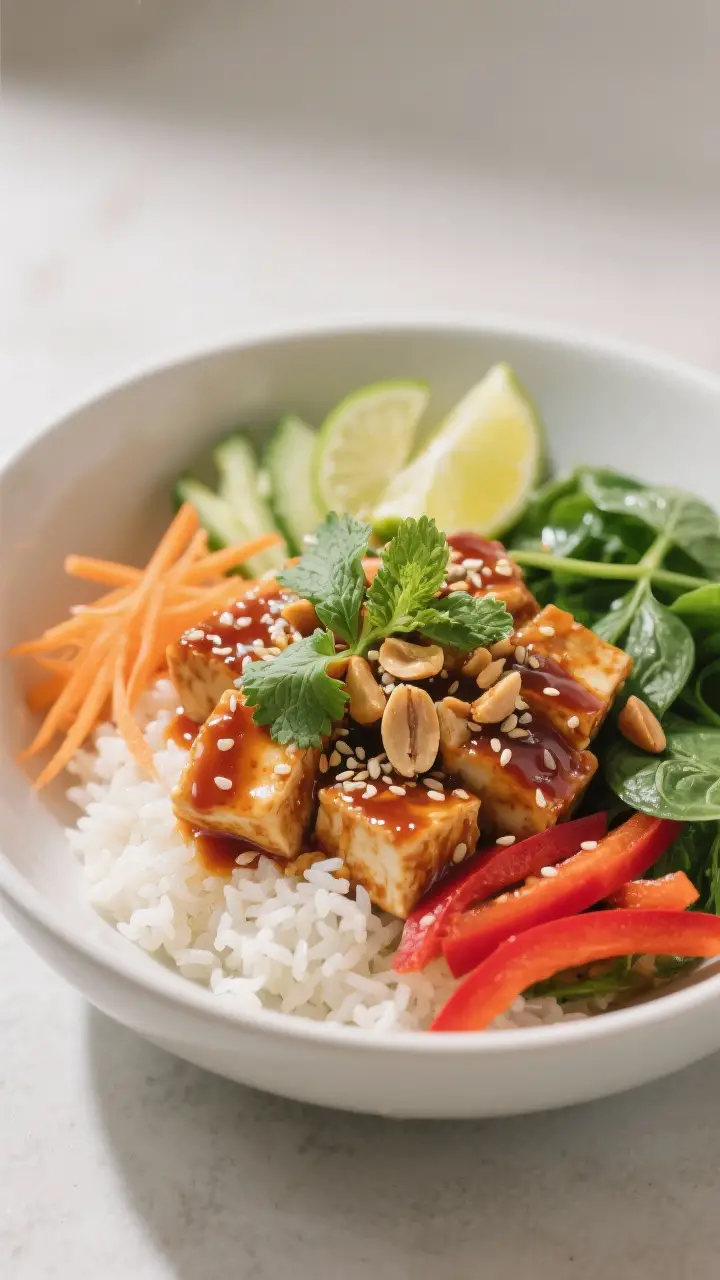 Final dish presentation: Sweet Chili Tofu Bowl artfully plated in a wide matte-white bowl—fluffy j
