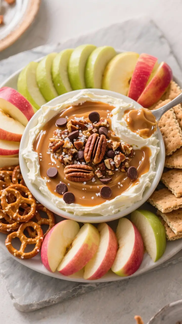 Final dish presentation: Tasty top-down party platter of cream cheese caramel apple dip finished wit