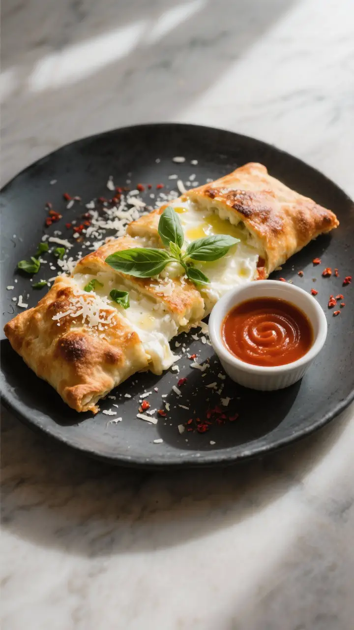 Final dish presentation: Tasty top view of a sliced three-cheese calzone on a matte charcoal plate,