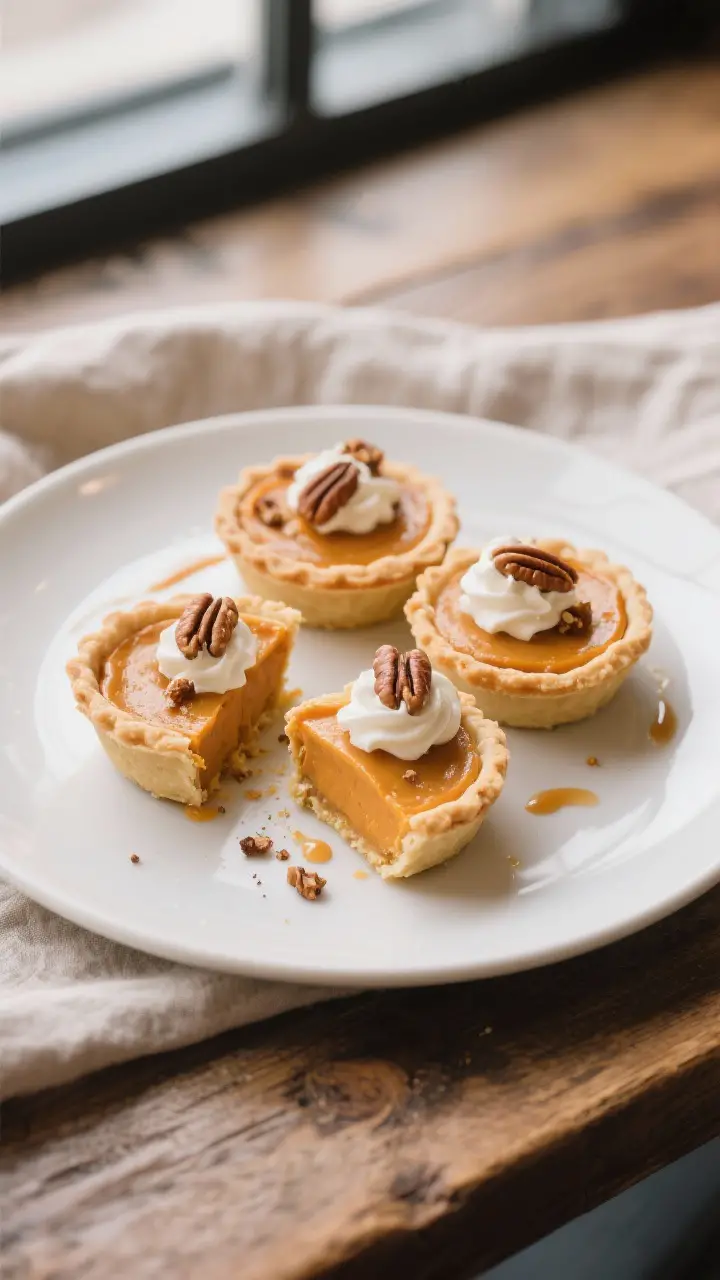 Final dish presentation: Three mini sweet potato pies arranged on a matte white dessert plate, one c