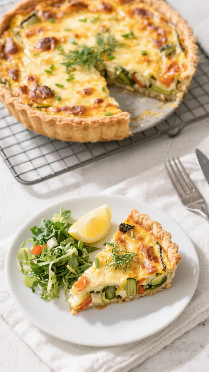 Final dish presentation: Whole baked spring vegetable quiche on a cooling rack, top lightly golden w