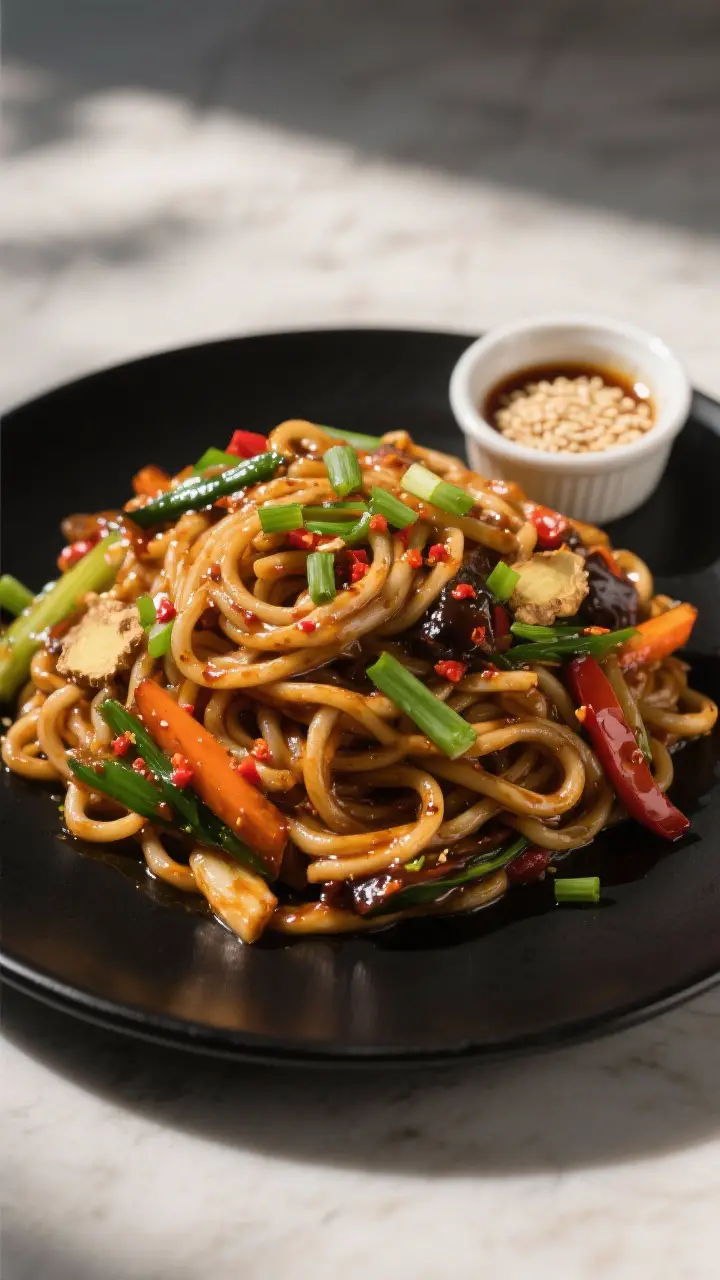 Final dish restaurant presentation: Vegetable Teriyaki Stir Fry tossed with glossy udon noodles (var