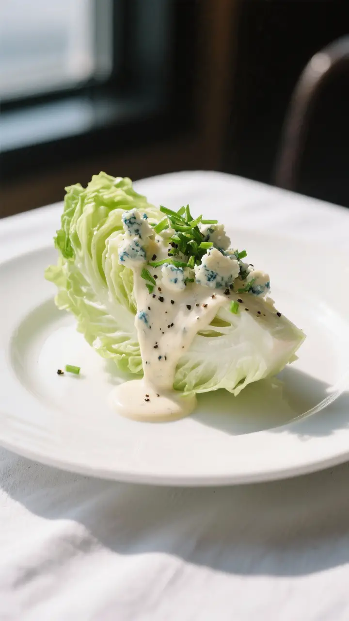 Final dish: Restaurant-quality wedge salad plated on a cool white plate—crisp iceberg wedge draped