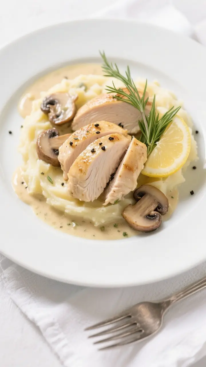 Final dish — Restaurant-style plating: Beautifully plated Chicken with Creamy Tarragon Sauce on a 