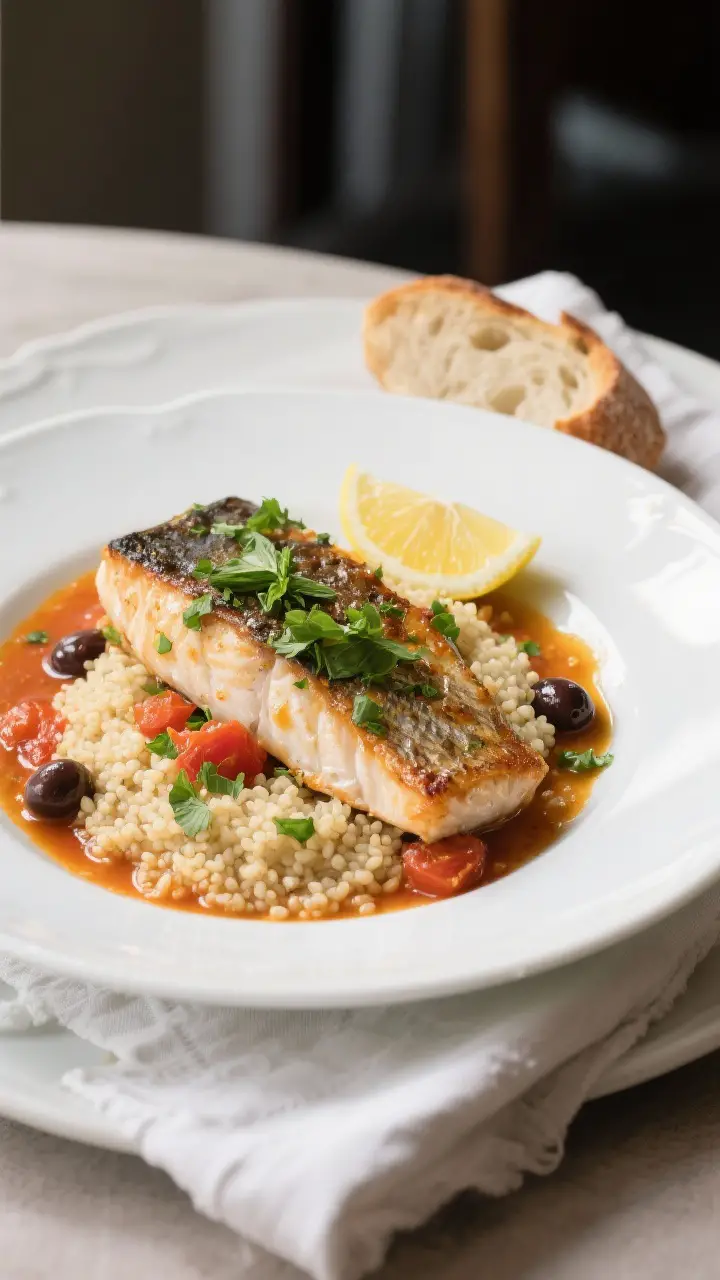Final dish, tasty top view: Overhead shot of Mediterranean Baked Fish plated over fluffy couscous on
