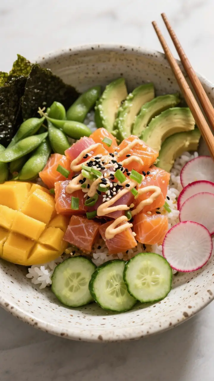 Final dish, top view: Finished Salmon Poke Bowl styled restaurant-quality—perfectly cubed marinate