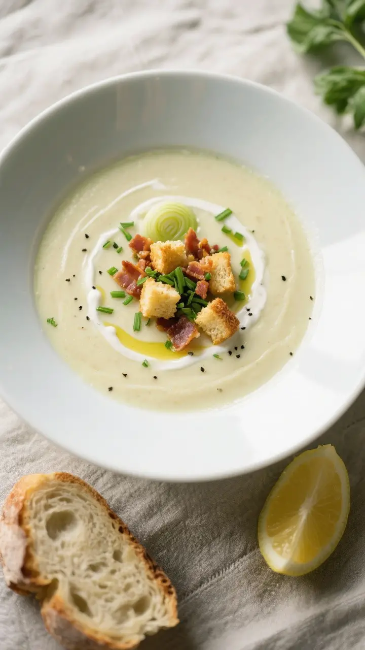 Final dish top view: Overhead shot of a bowl of creamy potato leek soup plated for serving, ultra-sm