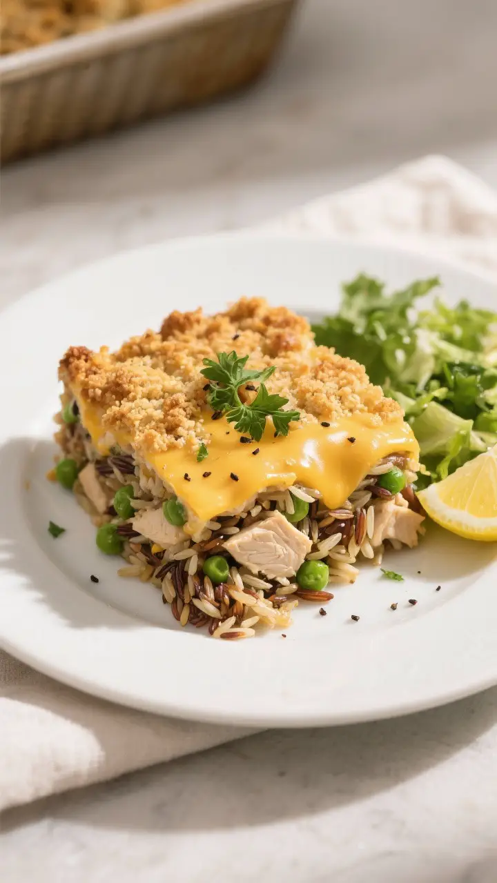 Final dish top view: Overhead shot of a neatly portioned square of Chicken and Wild Rice Casserole o