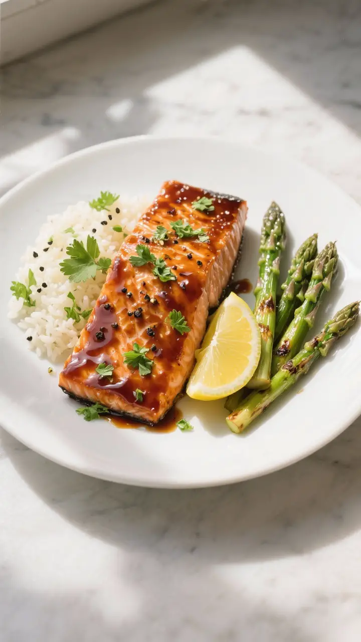 Final dish top view: Overhead shot of beautifully plated BBQ salmon with brown sugar glaze on a matt