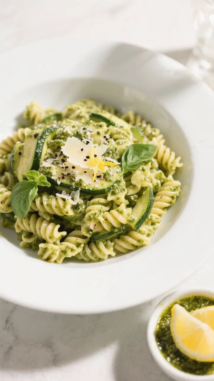 Final dish top view: Overhead shot of fusilli coated in zucchini pesto, glossy and clinging to the r