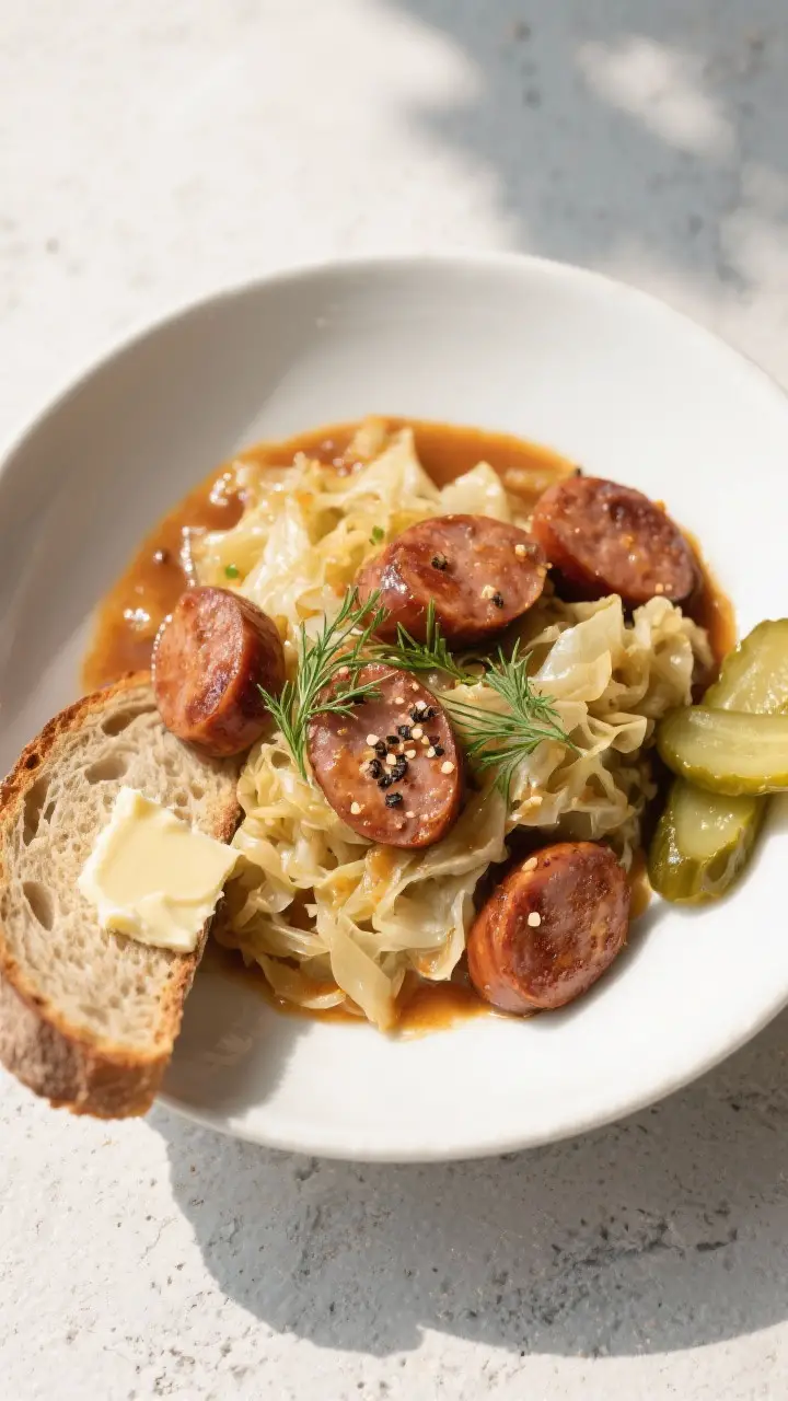 Final dish top view: Overhead shot of Kielbasa Kapusta plated in a wide, shallow white bowl—juicy 