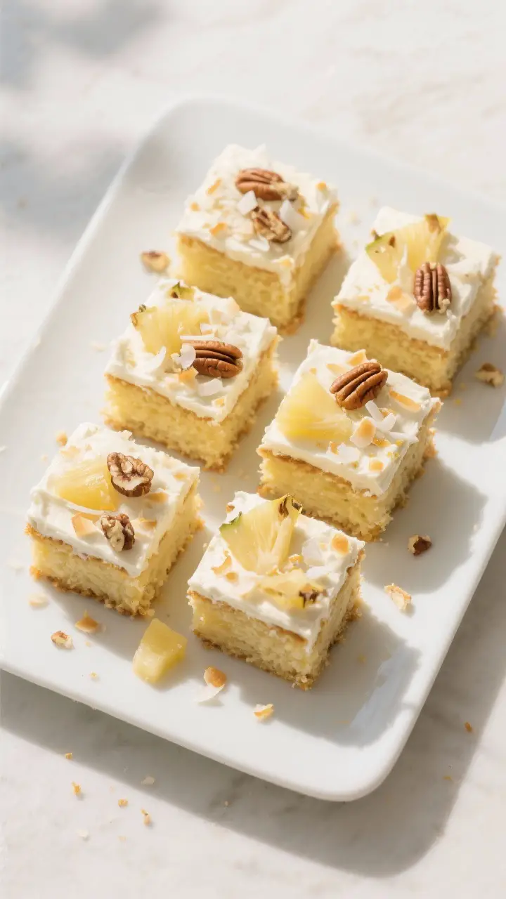 Final dish top view: Restaurant-quality presentation of neatly sliced squares of crushed pineapple c