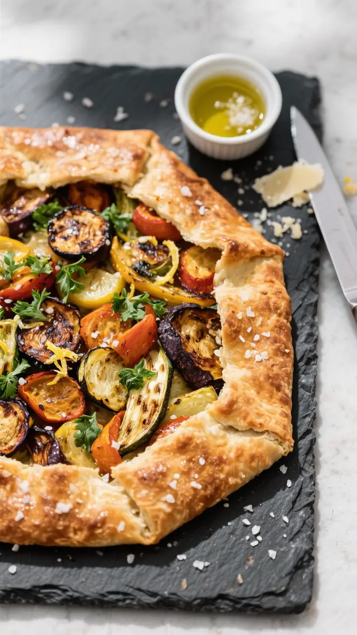 Final dish, top view: Tasty top-down shot of the whole roasted vegetable galette on a dark stone boa