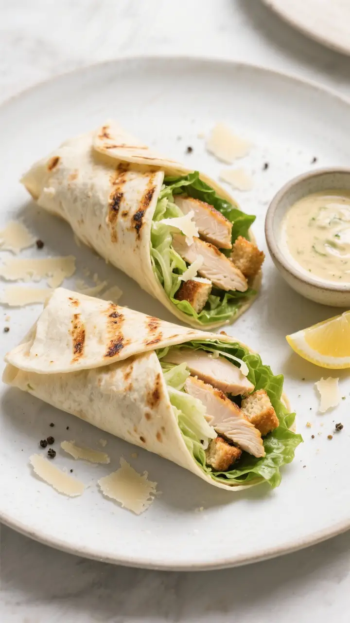 Final dish top view: Two Grilled Chicken Caesar Wraps seared seam-side for extra crunch, cut on the 