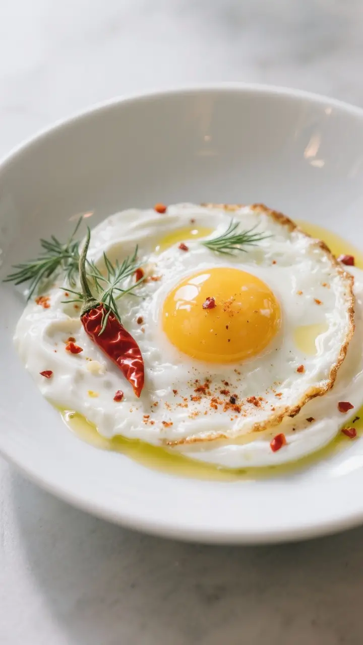 Final dish variation: Beautifully plated “Olive Oil and Chili” sunny side up egg over a swoosh o