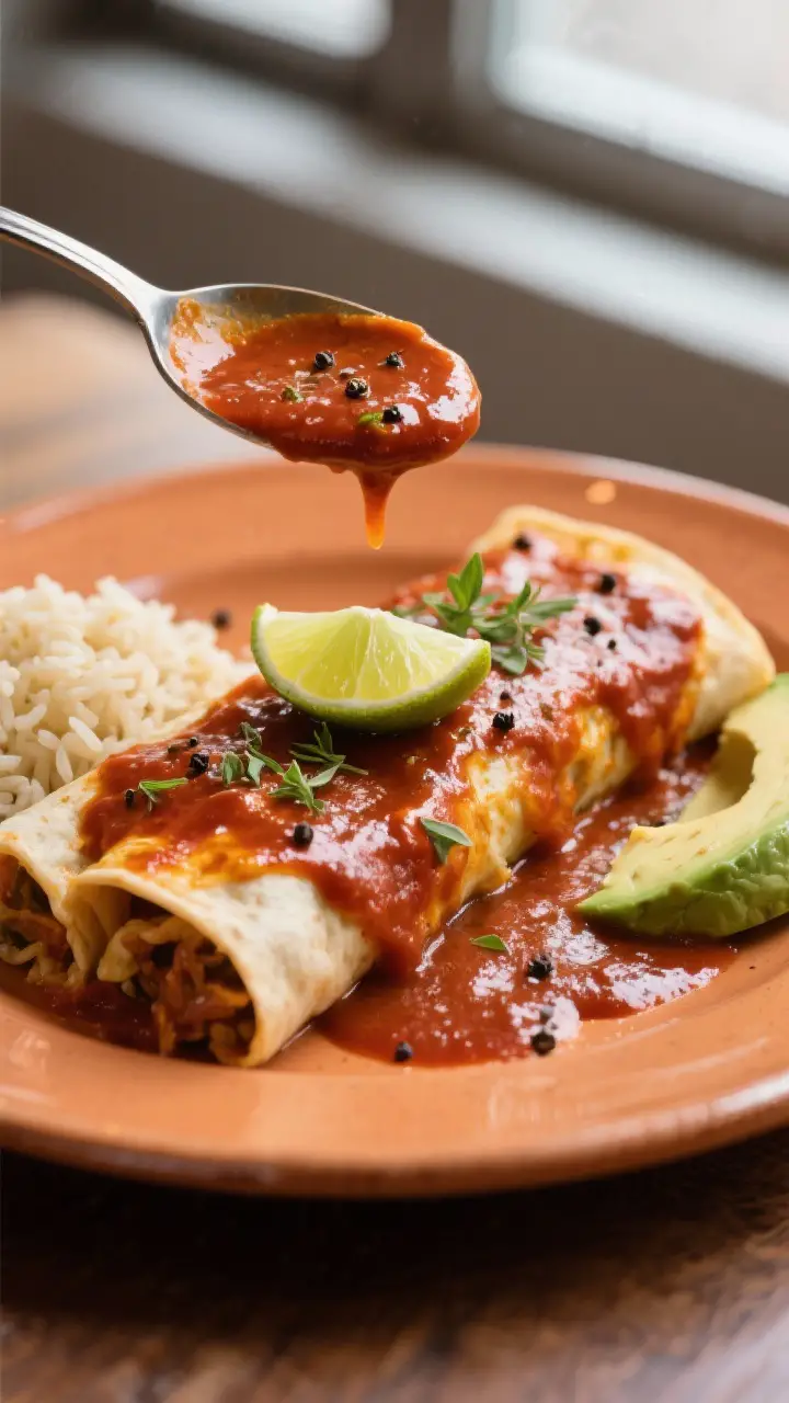 Final plated beauty: A single serving of enchiladas on a warm-toned ceramic plate, sauce spooned ove