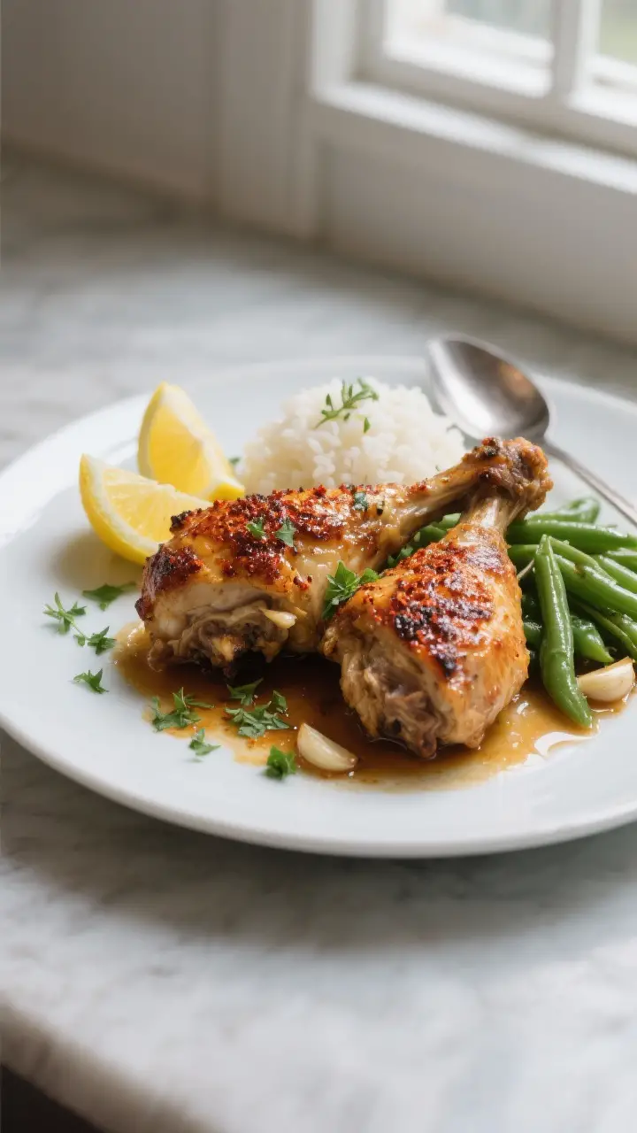 Final plated beauty: Juicy, broiled bone-in, skin-on chicken thighs with crackly, lacquered skin and