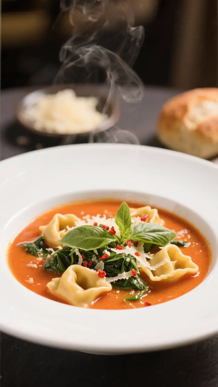 Final plated beauty: Restaurant-quality presentation of a single serving of Creamy Tomato Tortellini