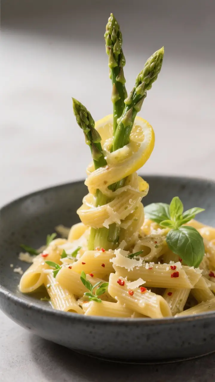 Final plated beauty: Restaurant-quality presentation of Lemon Asparagus Penne plated in a charcoal-g