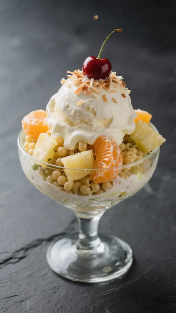 Final plated beauty: Restaurant-quality presentation of a chilled scoop of Frog Eye Salad in a chill