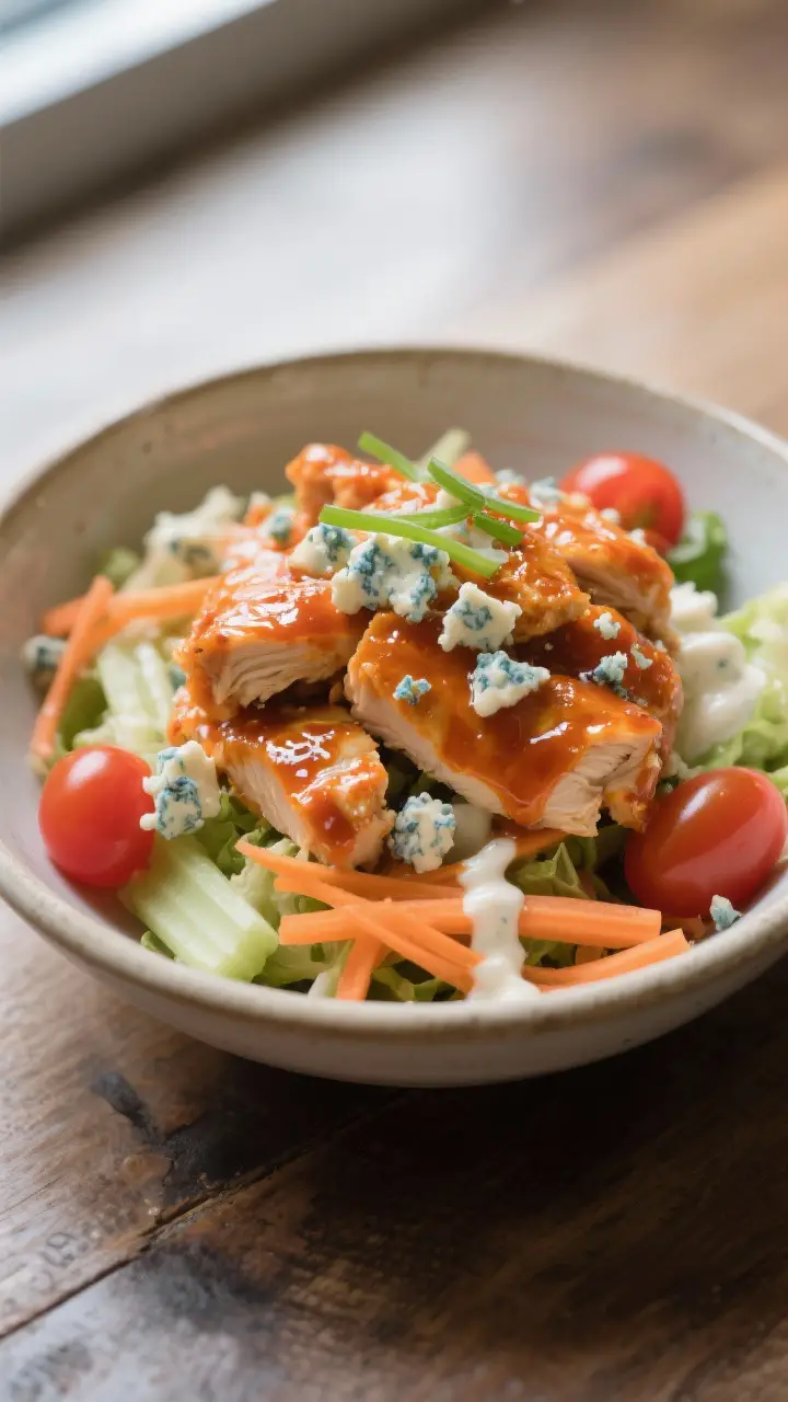Final plated beauty: Restaurant-quality single-serve Buffalo Chicken Salad in a shallow ceramic bowl