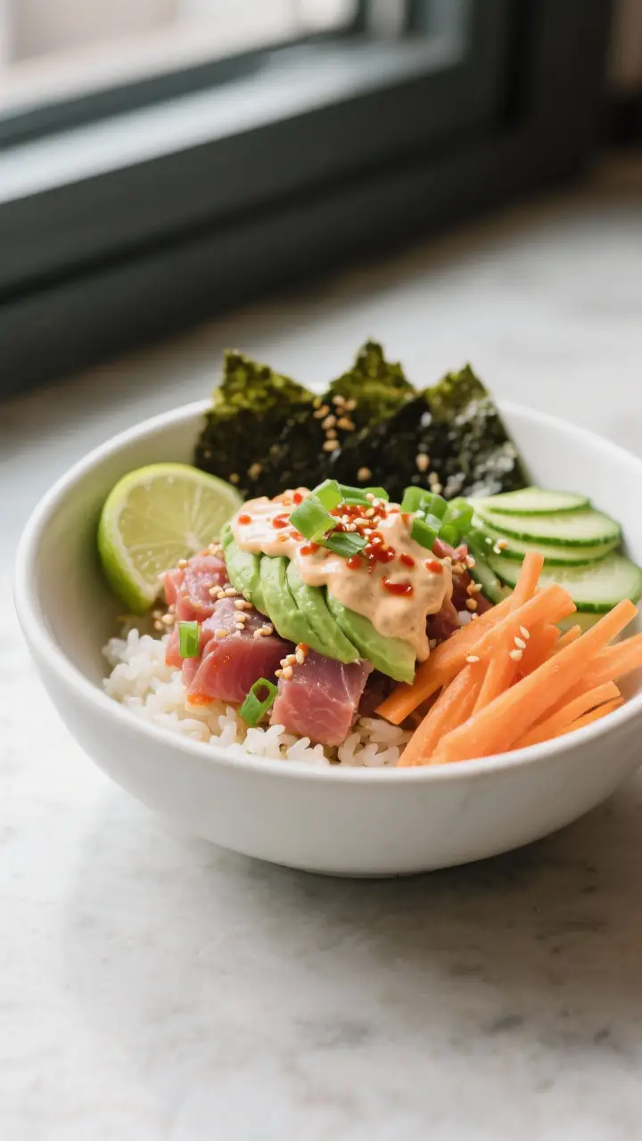 Final plated beauty shot: Spicy Tuna Bowl elegantly assembled in a wide, matte white bowl—bed of w