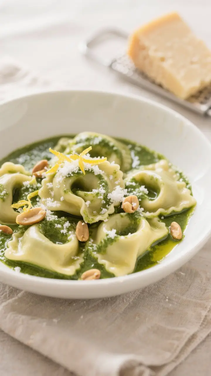 Final plated beauty shot: Tortellini with pesto cream sauce elegantly swirled into a shallow white r