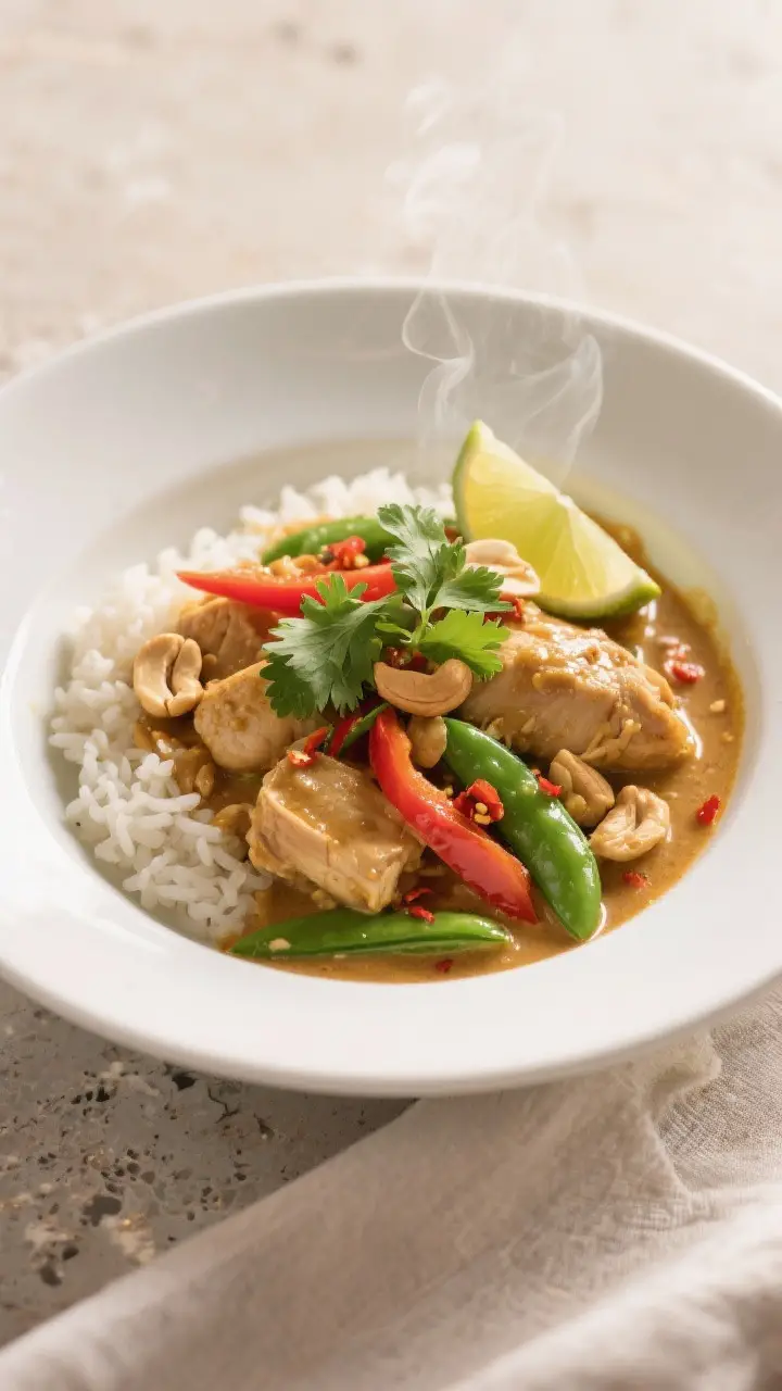 Final plated bowl, : Beautifully plated Coconut Curry Chicken Bowl in a wide white ceramic bowl over