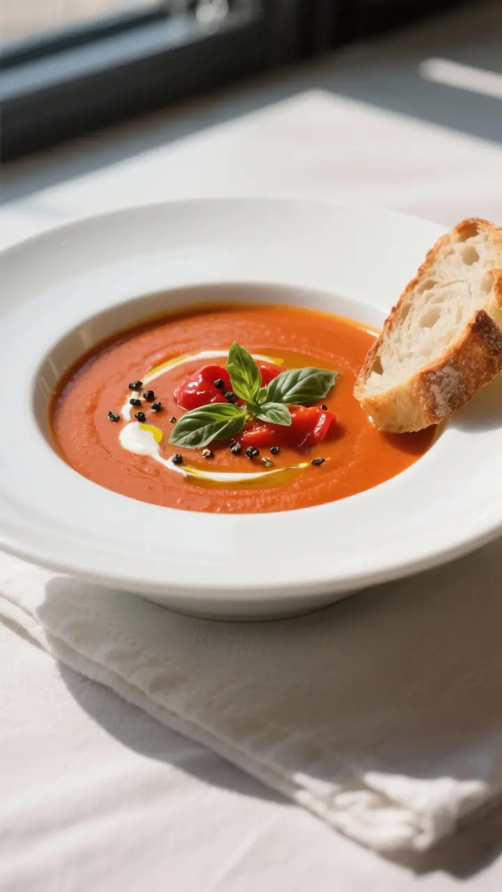 Final plated bowl beauty: A creamy roasted red pepper soup ladled into a wide white ceramic bowl, fi