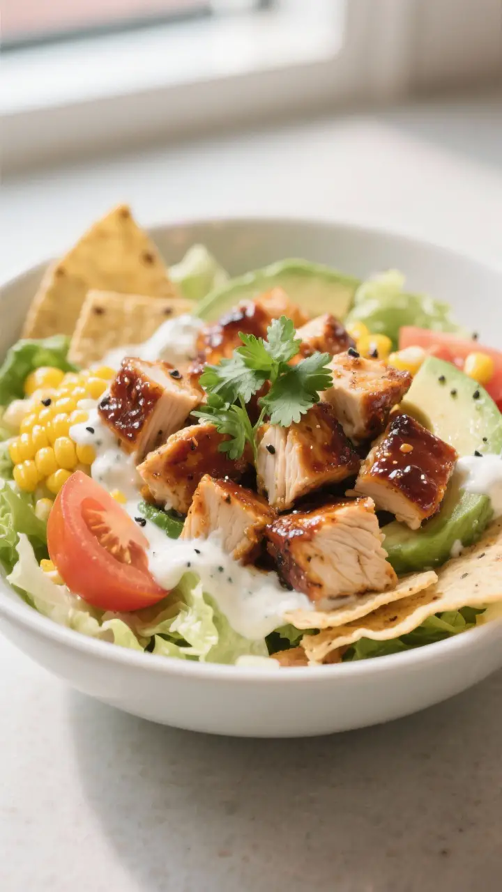 Final plated bowl – close-up detail: Tight close-up of a single serving bowl of BBQ Chicken Ranch 