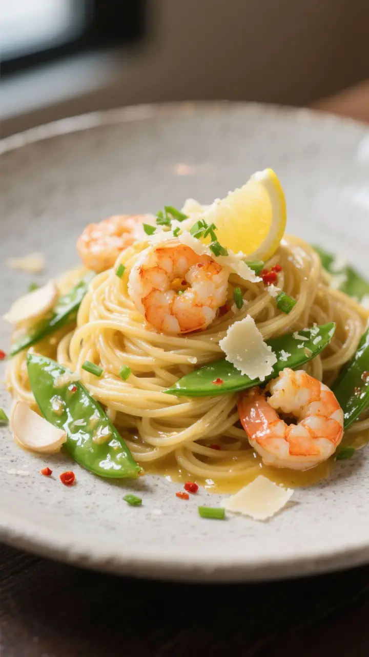 Final plated close-up: Beautifully twirled nest of angel hair crowned with juicy shrimp and crisp sn