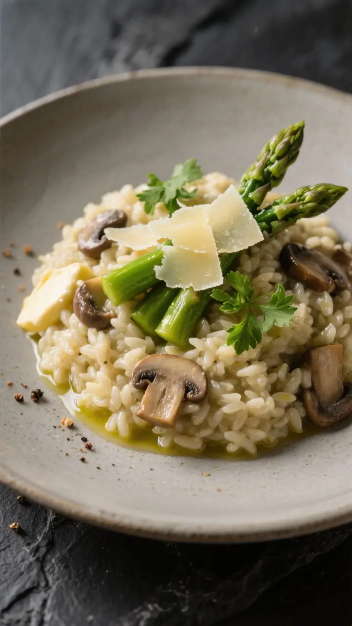 Final plated, close-up beauty shot: Restaurant-quality plating of Mushroom and Asparagus Risotto wit