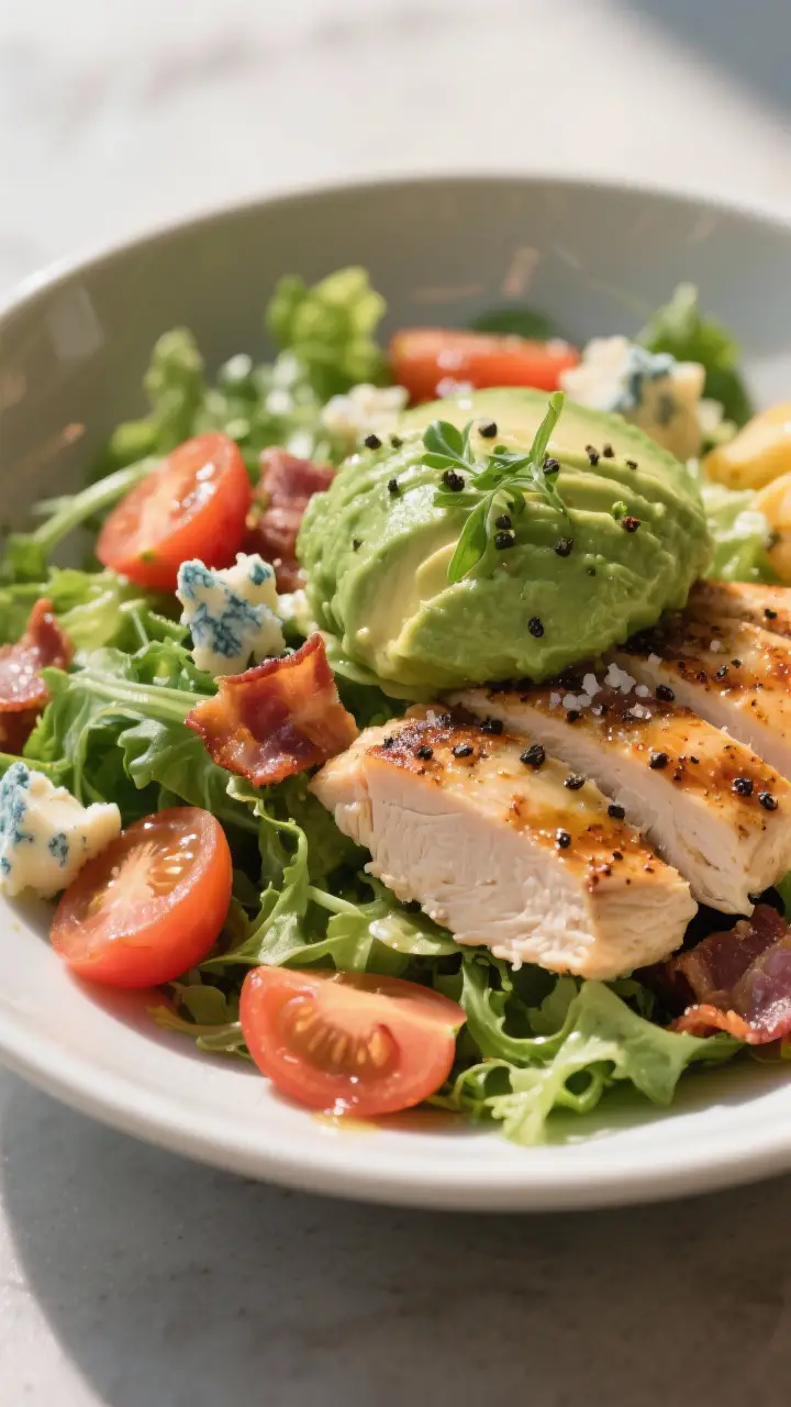 Final plated, close-up detail: Close-up of a single composed bowl of Grilled Chicken Cobb Salad with