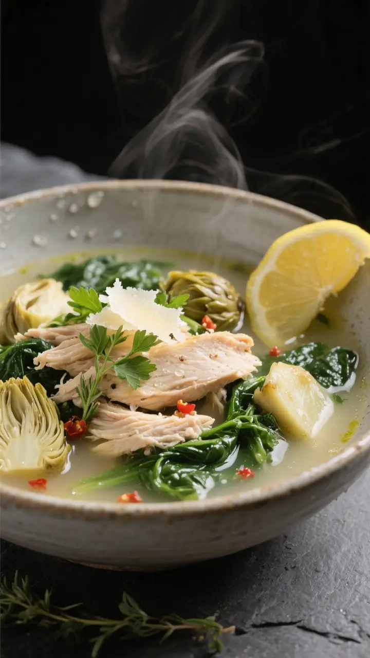 Final plated, close-up detail: Restaurant-quality bowl of Chicken and Artichoke Soup featuring juicy