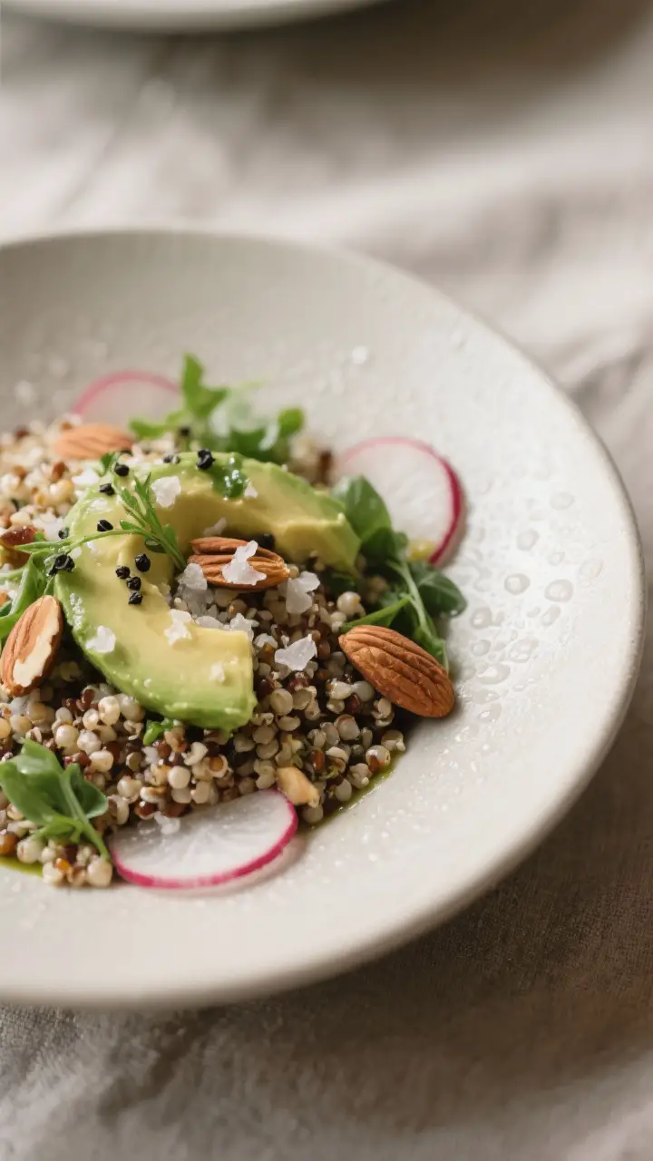 Final plated close-up detail: Restaurant-quality presentation of a single-serving quinoa bowl, three