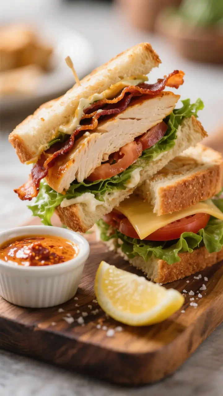 Final plated close-up: Hero shot of a Chicken Club Sandwich half standing upright to reveal layers,