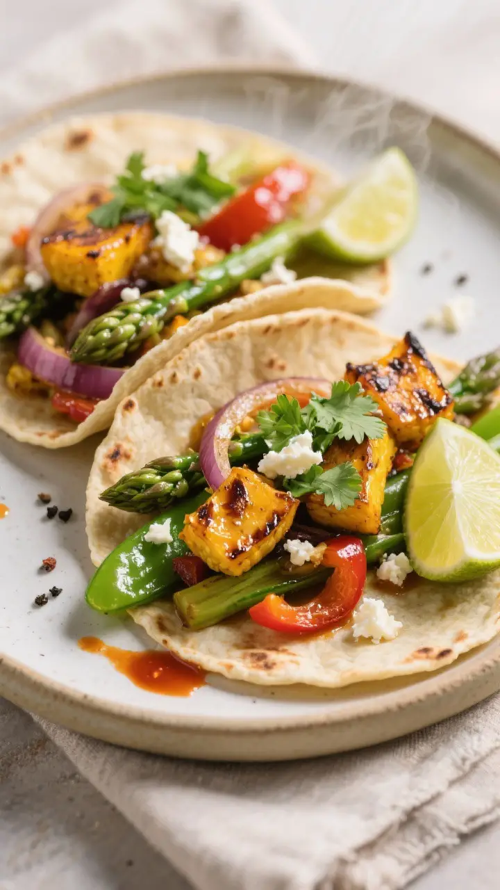 Final plated close-up: Two assembled spring vegetable fajitas on warm corn tortillas, overflowing wi