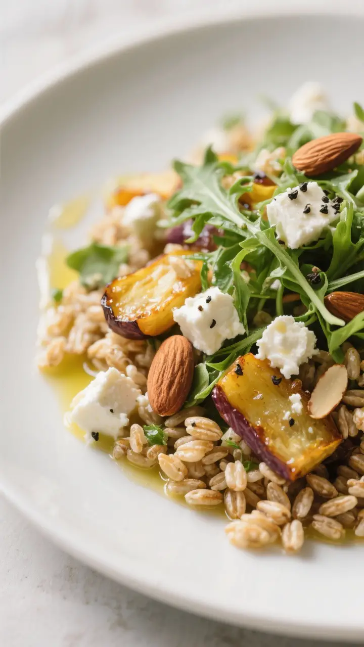 Final plated detail: Beautifully plated warm Spring Farro Salad on a matte white plate, close-up of 