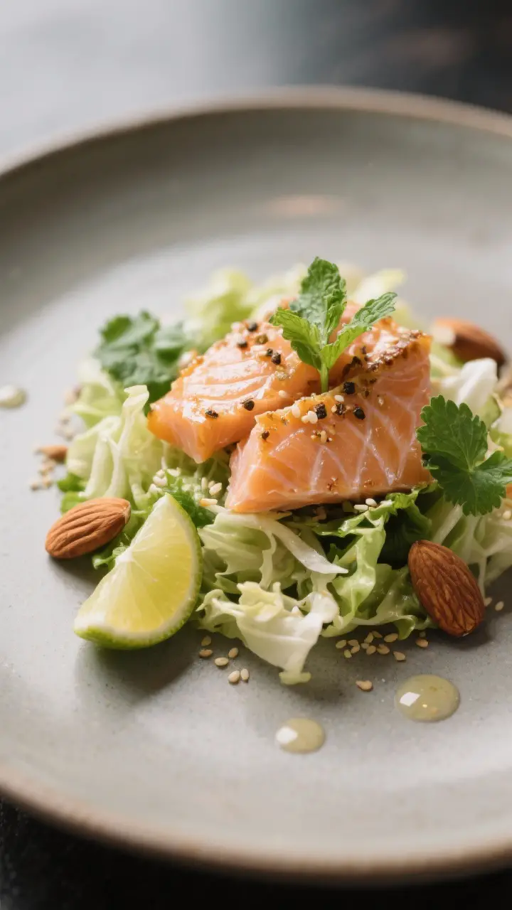 Final plated detail: Close-up of a single plated portion of the salad on a matte ceramic plate—suc